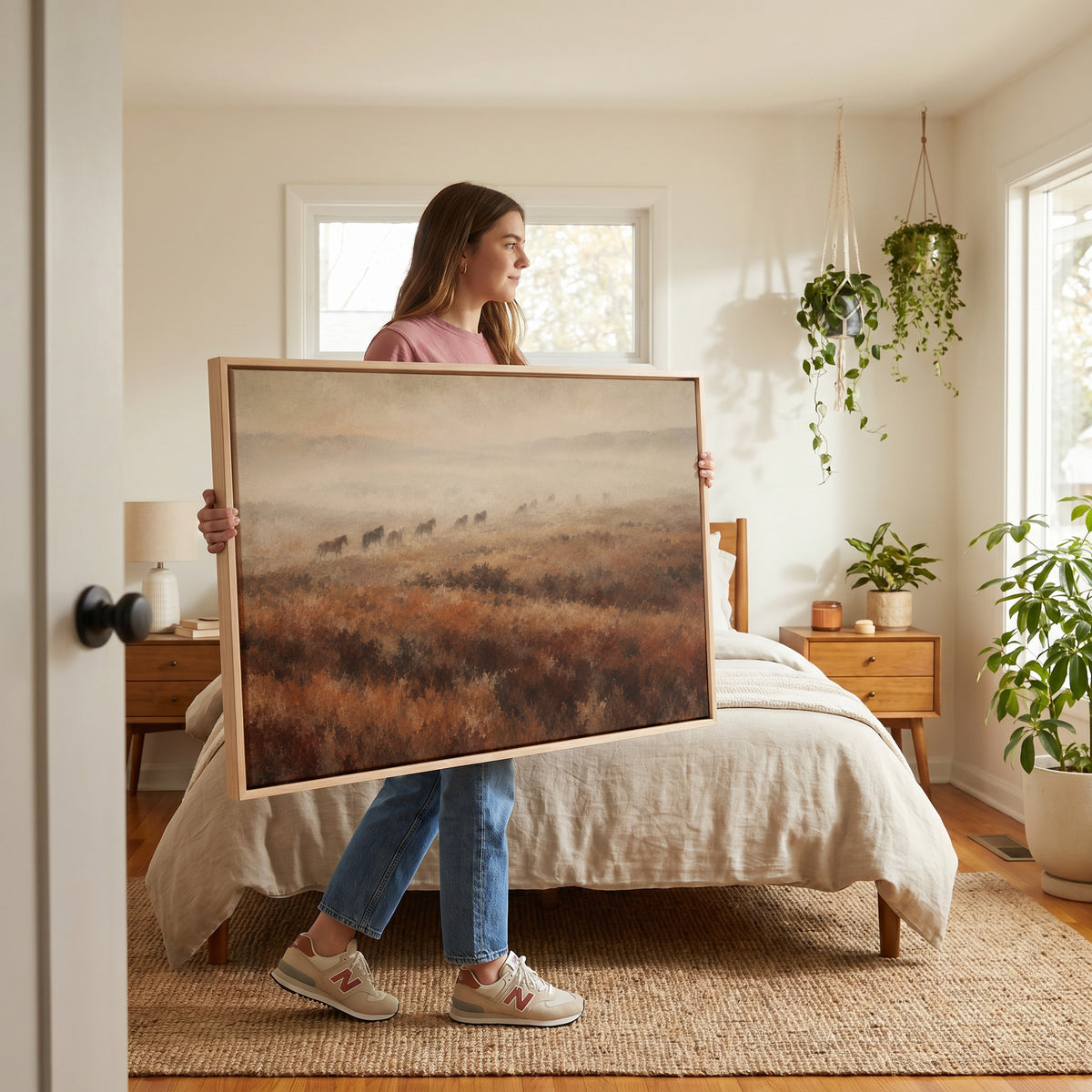 Line of wild horses walking through fog across a rust and brown moorland, canvas art print