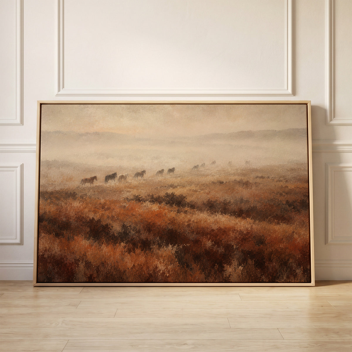 Line of wild horses walking through fog across a rust and brown moorland, canvas wall art