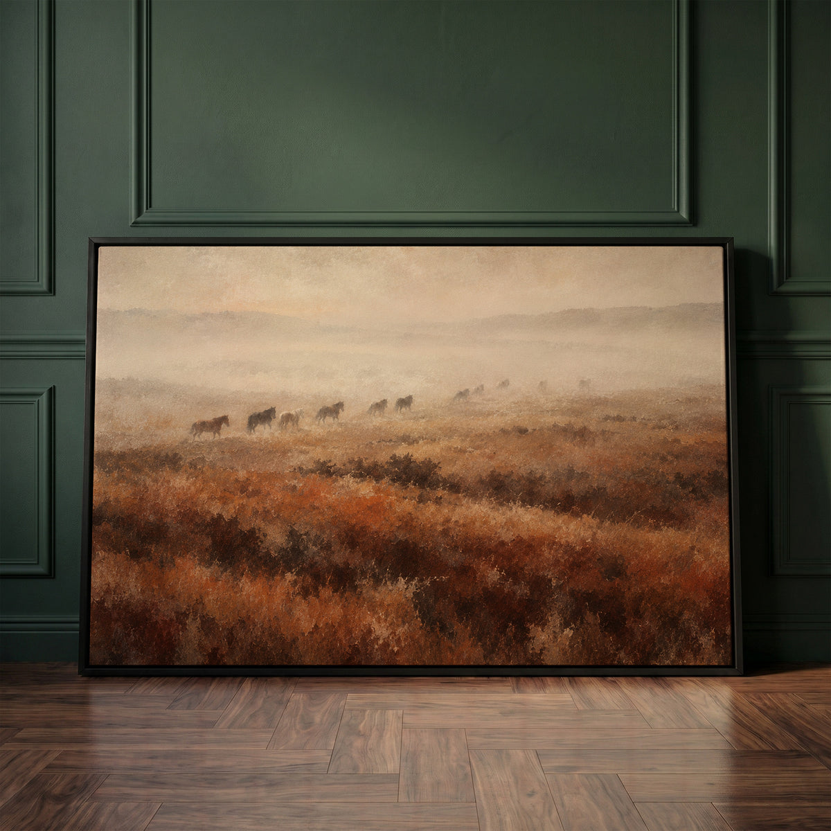 Horse canvas wall art showing line of wild horses walking through fog across a rust and brown moorland