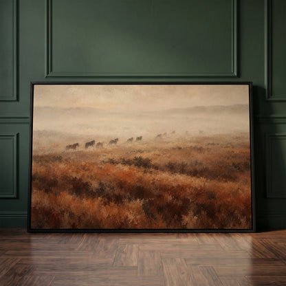 Horse canvas wall art showing line of wild horses walking through fog across a rust and brown moorland