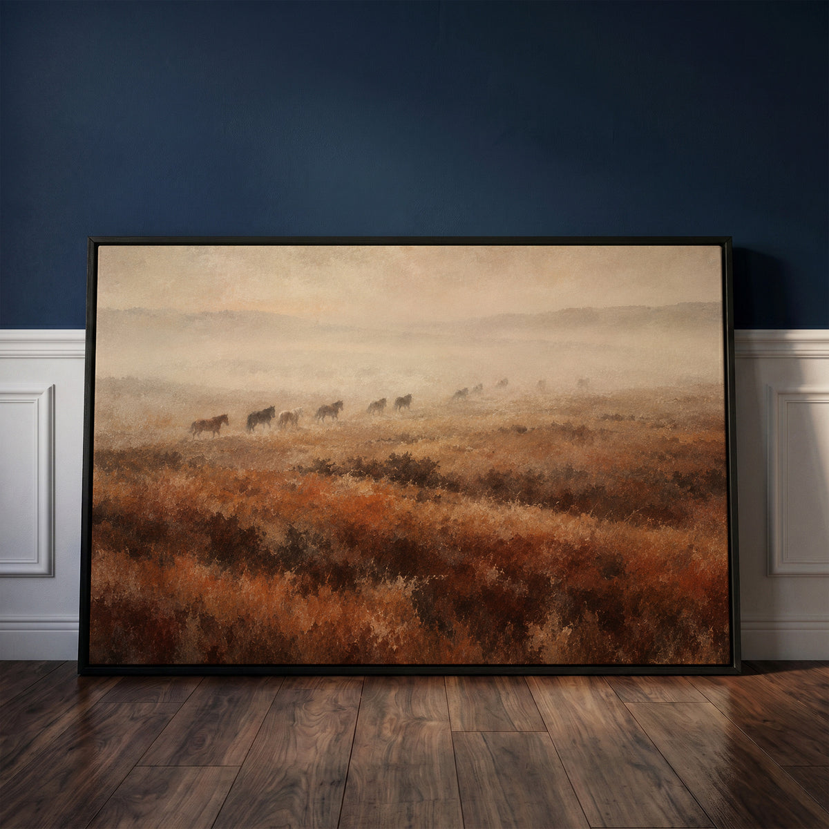 Line of wild horses walking through fog across a rust and brown moorland, canvas print