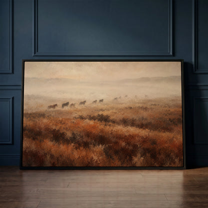 Foggy landscape canvas wall art showing line of wild horses walking through fog across a rust and brown moorland