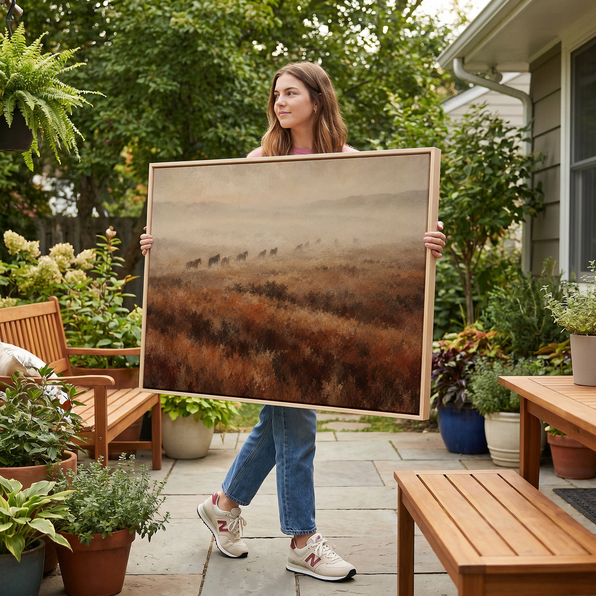 Rust canvas wall art showing line of wild horses walking through fog across a rust and brown moorland