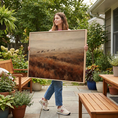 Rust canvas wall art showing line of wild horses walking through fog across a rust and brown moorland