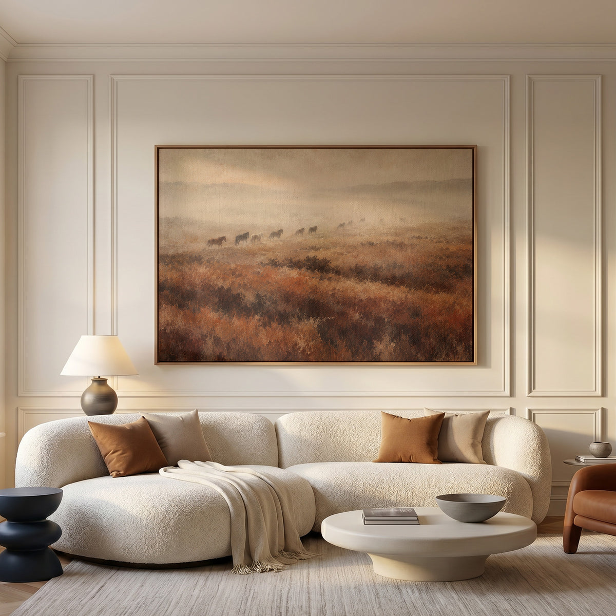 Equestrian canvas wall art showing line of wild horses walking through fog across a rust and brown moorland