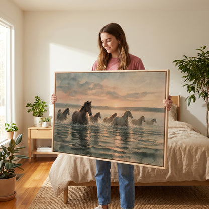 France canvas wall art showing herd of horses wading through shallow water at sunrise with broken reflections