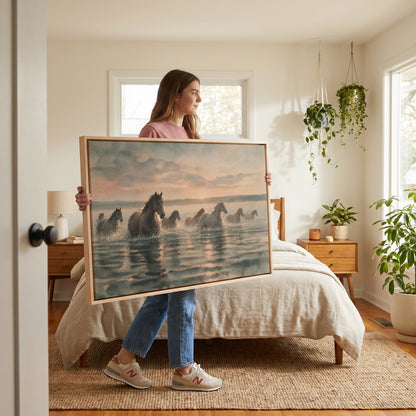 Horses in water canvas wall art showing herd of horses wading through shallow water at sunrise with broken reflections