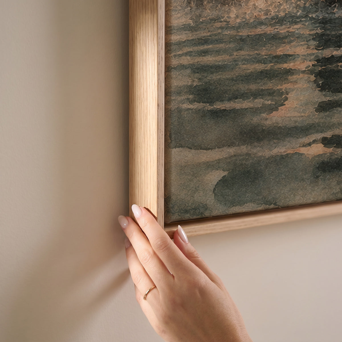 Herd of horses wading through shallow water at sunrise with broken reflections, horizontal canvas print