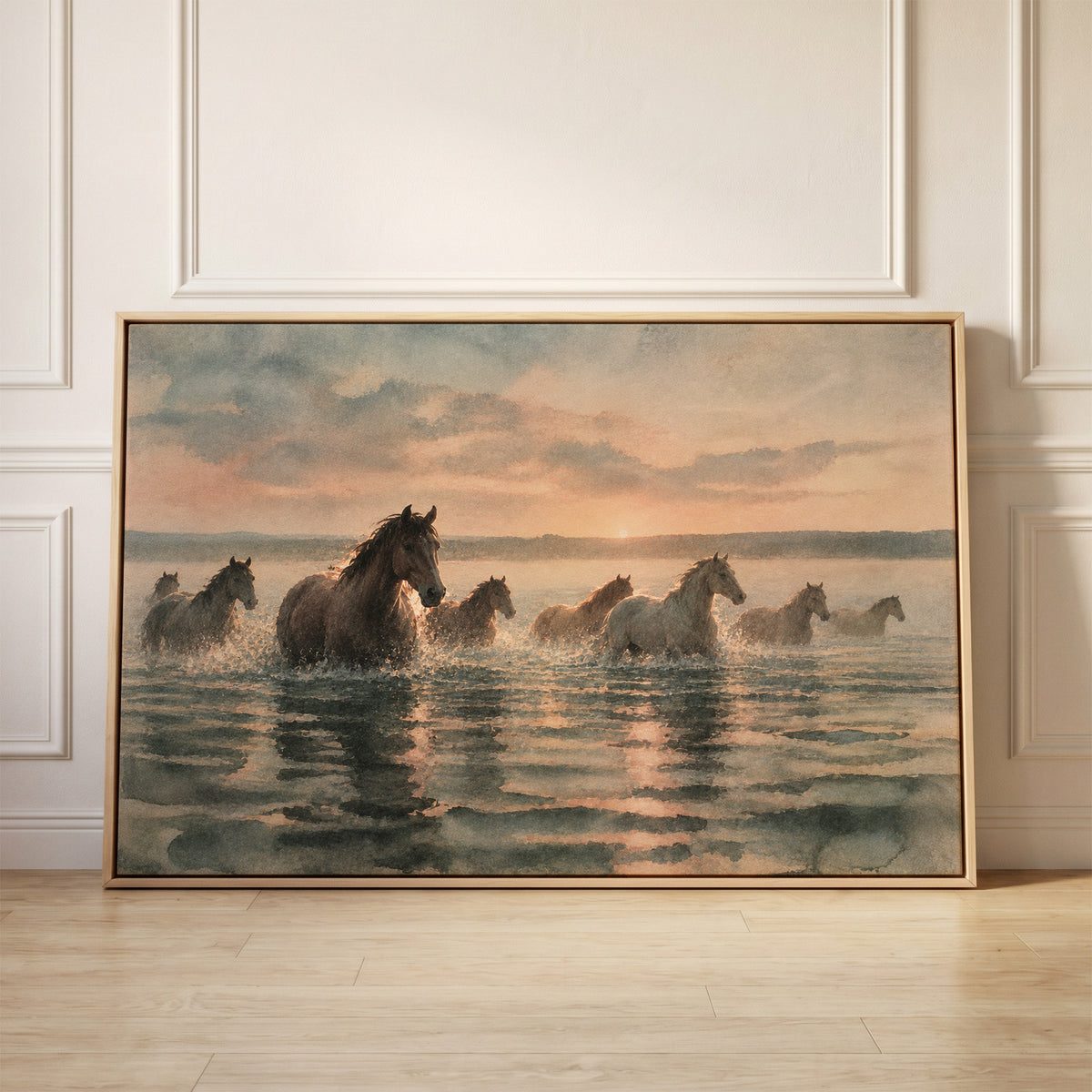Herd of horses wading through shallow water at sunrise with broken reflections, canvas wall art