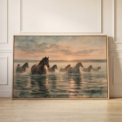 Herd of horses wading through shallow water at sunrise with broken reflections, canvas wall art