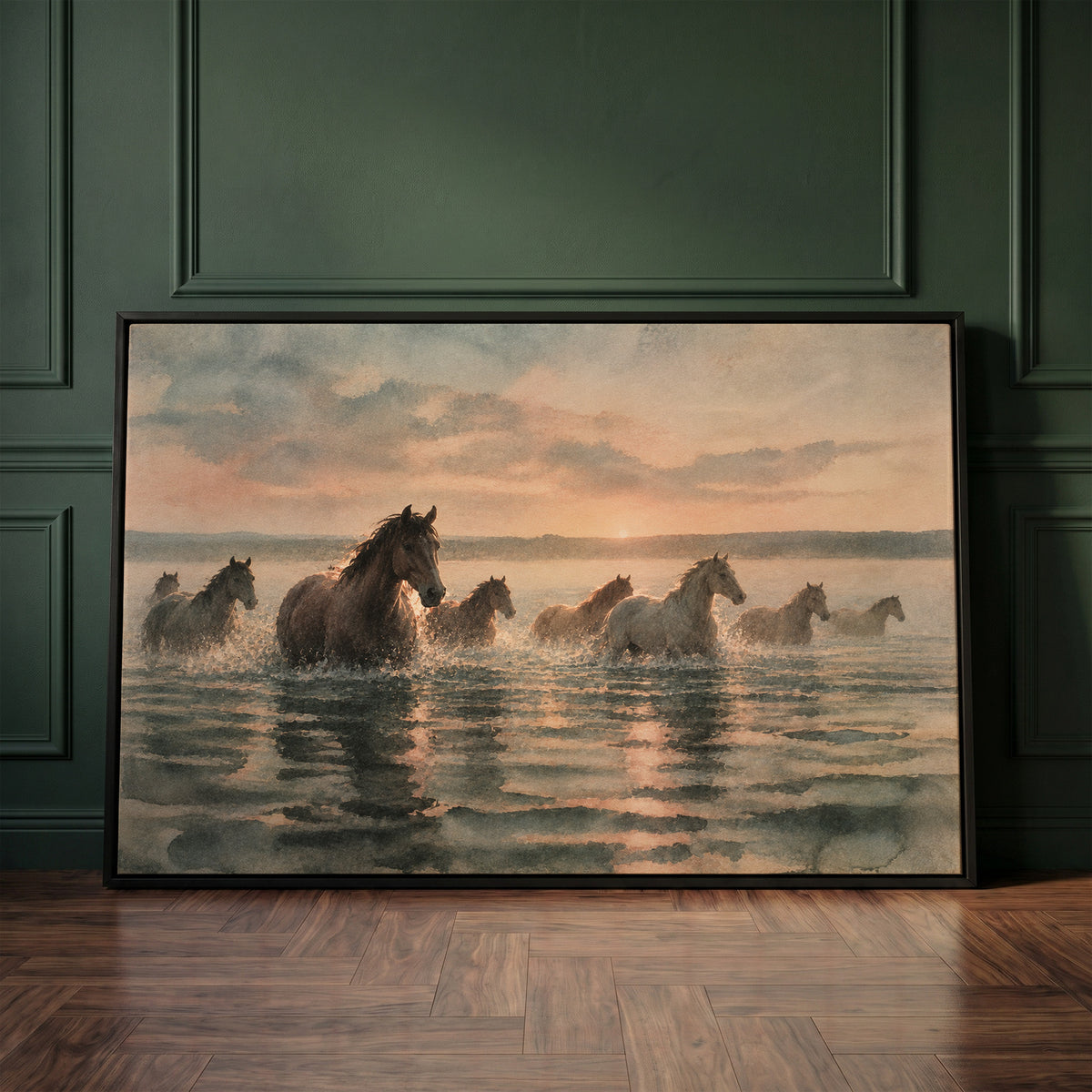 Herd of horses wading through shallow water at sunrise with broken reflections, canvas art print