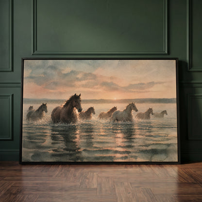 Herd of horses wading through shallow water at sunrise with broken reflections, canvas art print
