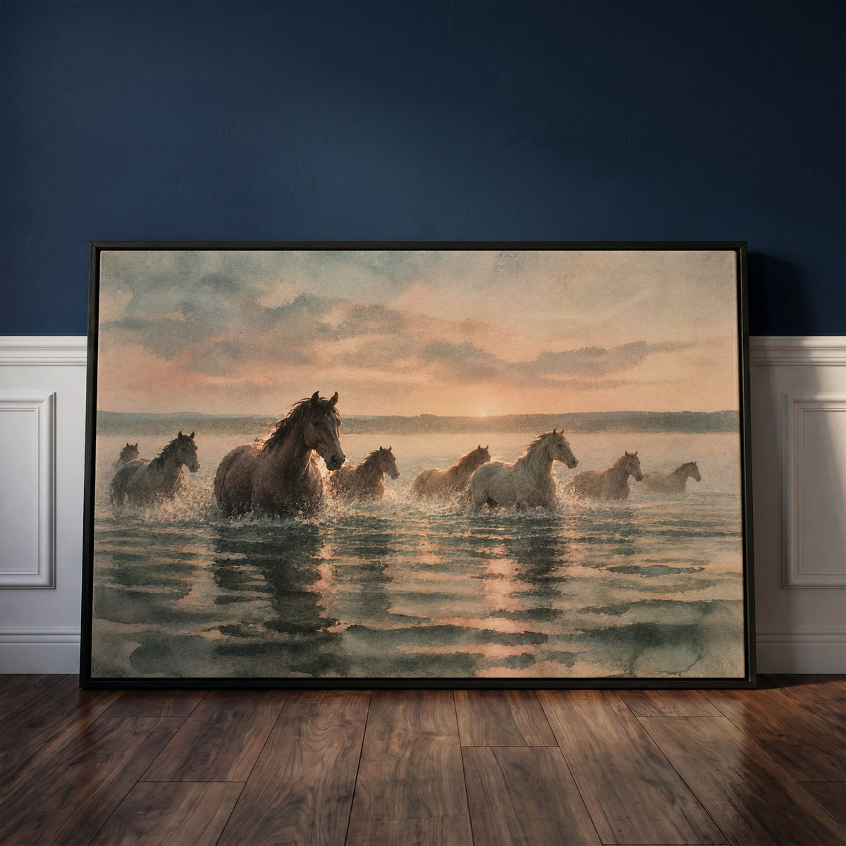 Neutral canvas wall art showing herd of horses wading through shallow water at sunrise with broken reflections