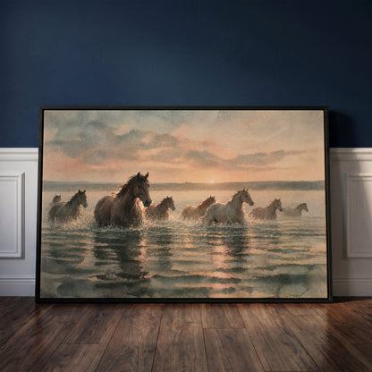 Neutral canvas wall art showing herd of horses wading through shallow water at sunrise with broken reflections