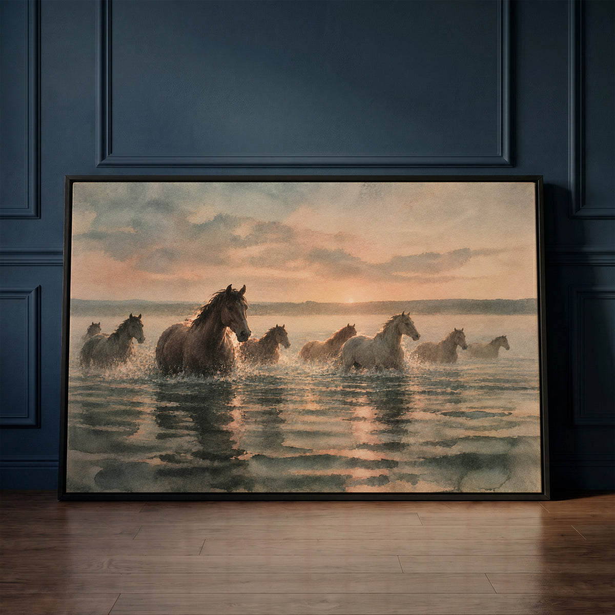 Sunrise canvas canvas wall art showing herd of horses wading through shallow water at sunrise with broken reflections