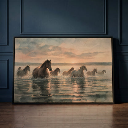 Sunrise canvas canvas wall art showing herd of horses wading through shallow water at sunrise with broken reflections