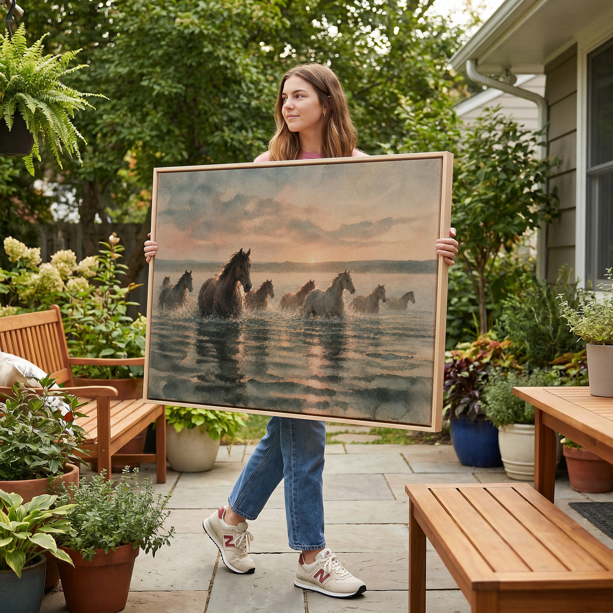 Camargue horses canvas wall art showing herd of horses wading through shallow water at sunrise with broken reflections