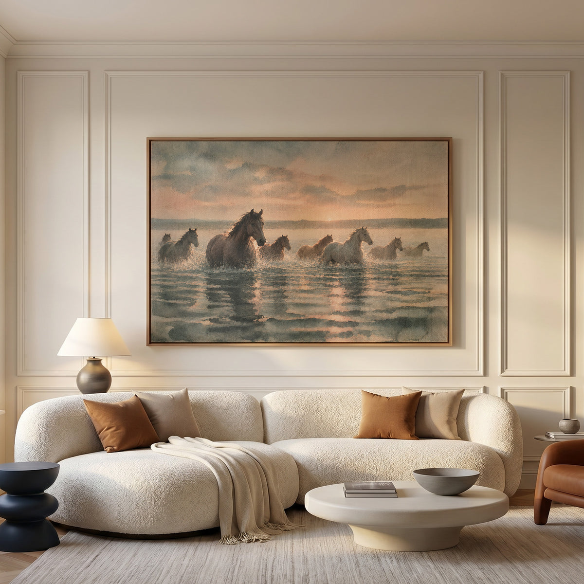 Equestrian canvas wall art showing herd of horses wading through shallow water at sunrise with broken reflections