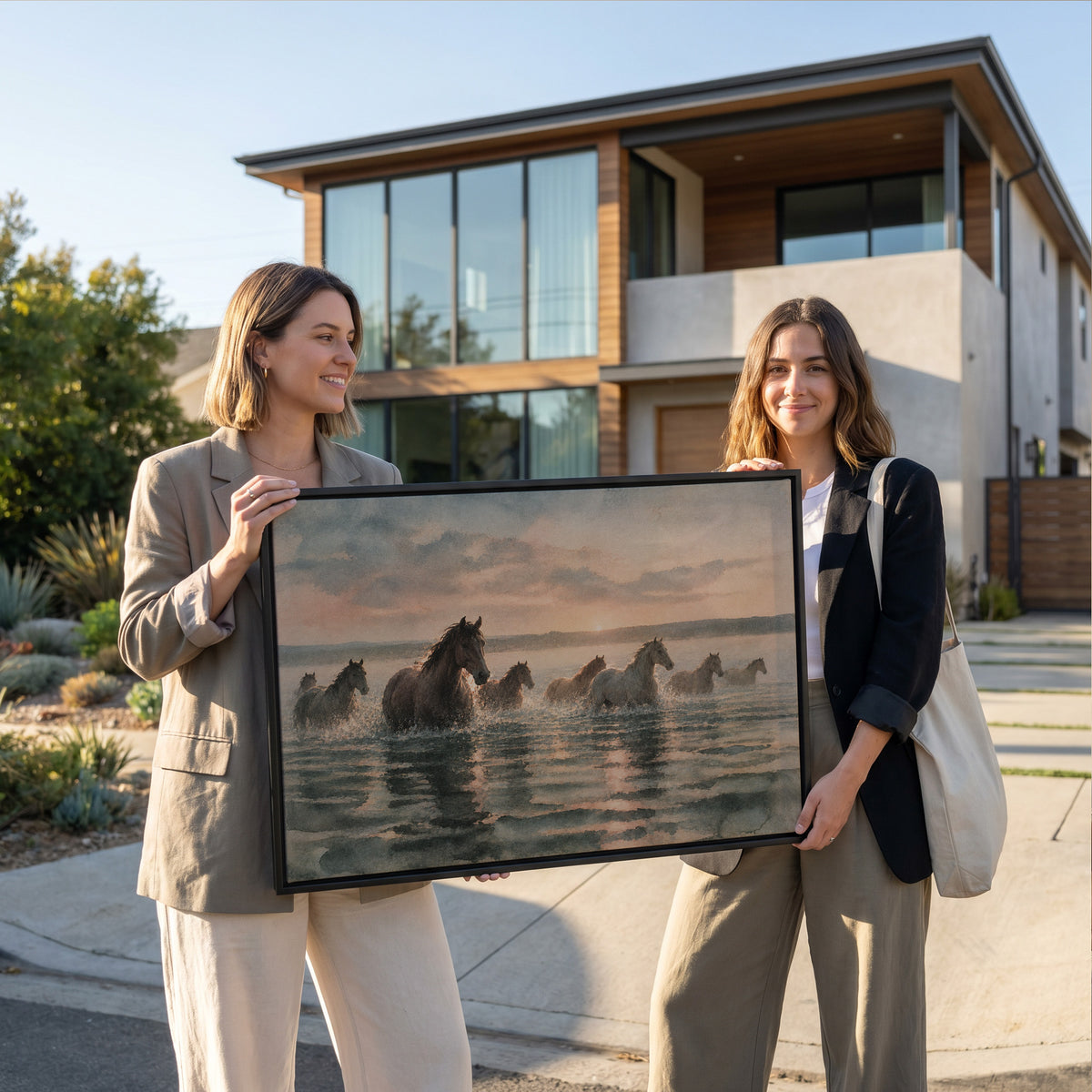 Coastal canvas wall art showing herd of horses wading through shallow water at sunrise with broken reflections