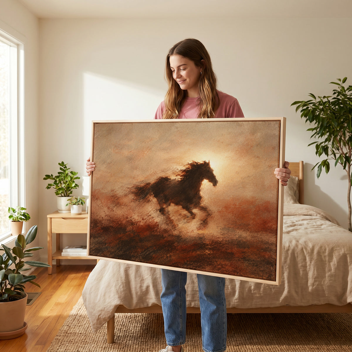 Charcoal horse canvas wall art showing dark galloping horse in silhouette against a burning sun with dust behind it