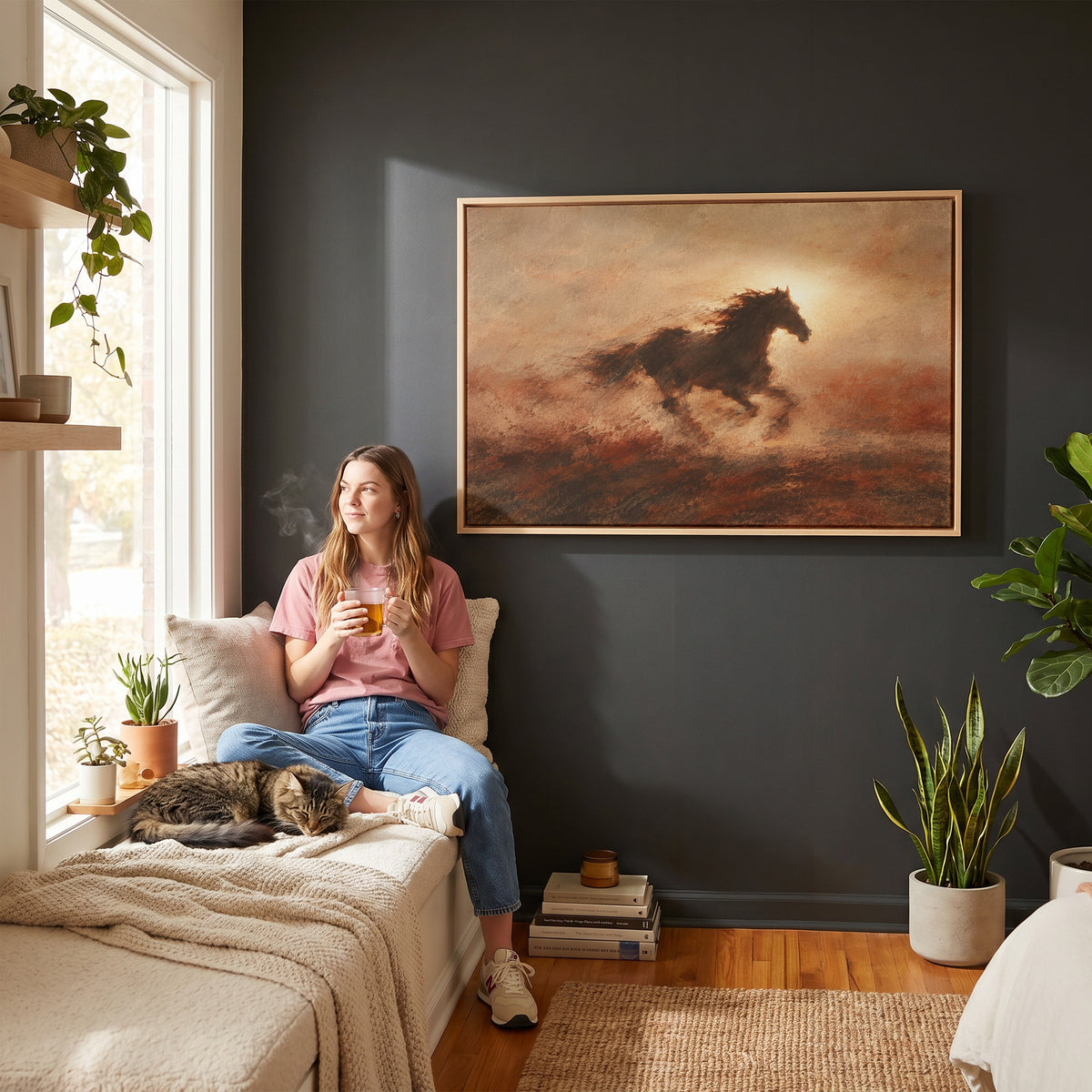 Dark galloping horse in silhouette against a burning sun with dust behind it, canvas print