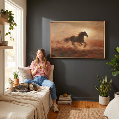 Dark galloping horse in silhouette against a burning sun with dust behind it, canvas print