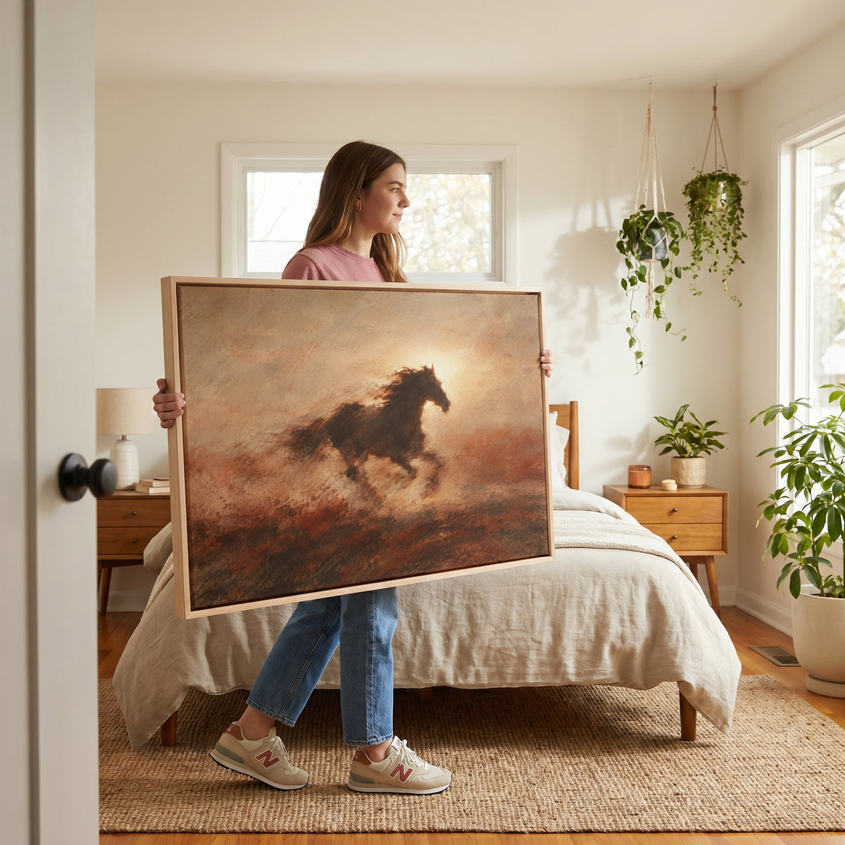 Galloping horse canvas wall art showing dark galloping horse in silhouette against a burning sun with dust behind it