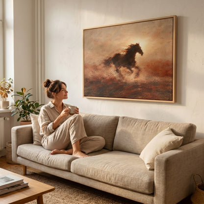 Dark galloping horse in silhouette against a burning sun with dust behind it, canvas art print