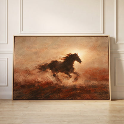 Dark galloping horse in silhouette against a burning sun with dust behind it, canvas wall art