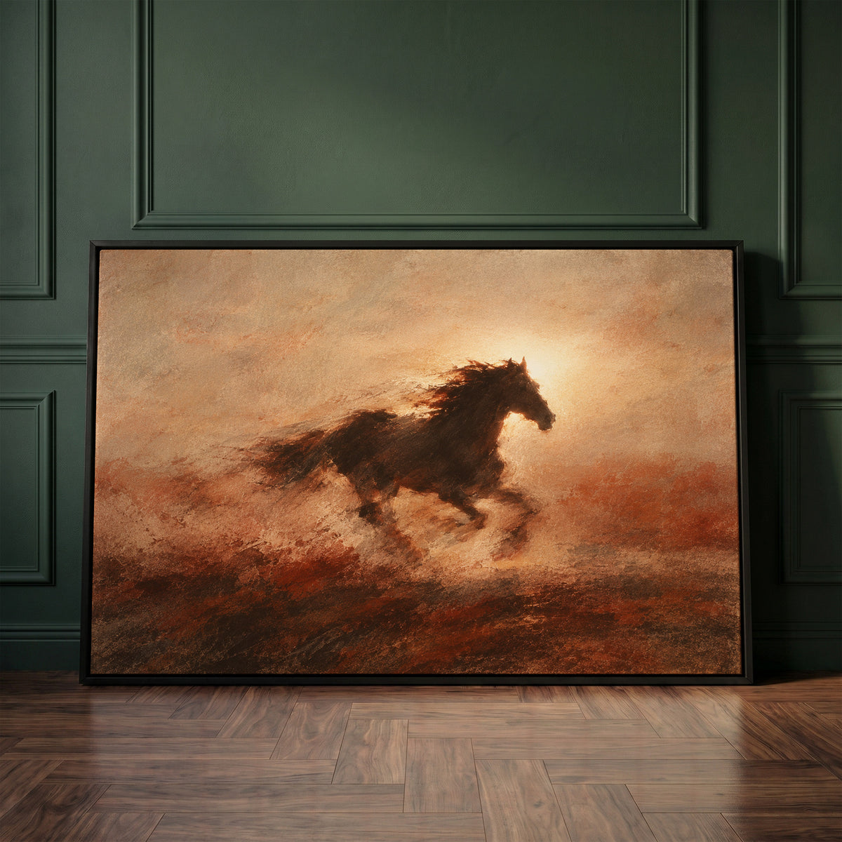 Running horse canvas wall art showing dark galloping horse in silhouette against a burning sun with dust behind it