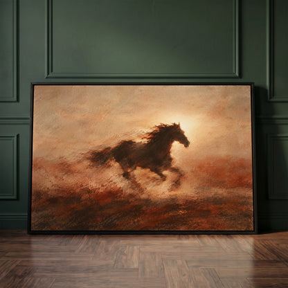 Running horse canvas wall art showing dark galloping horse in silhouette against a burning sun with dust behind it