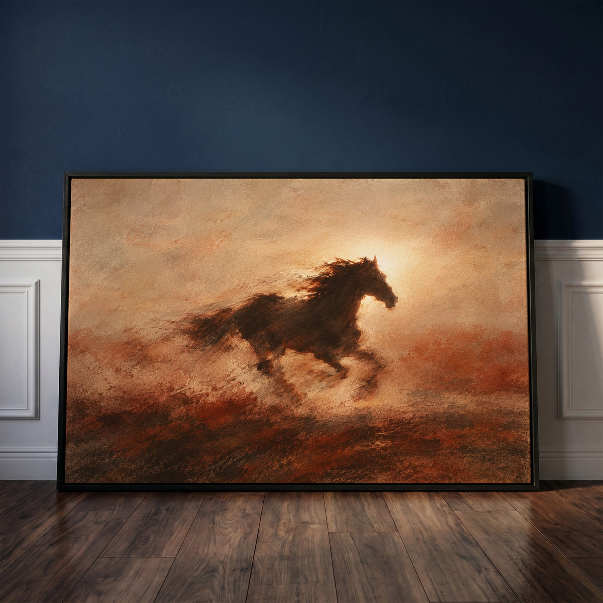 Dramatic canvas wall art showing dark galloping horse in silhouette against a burning sun with dust behind it