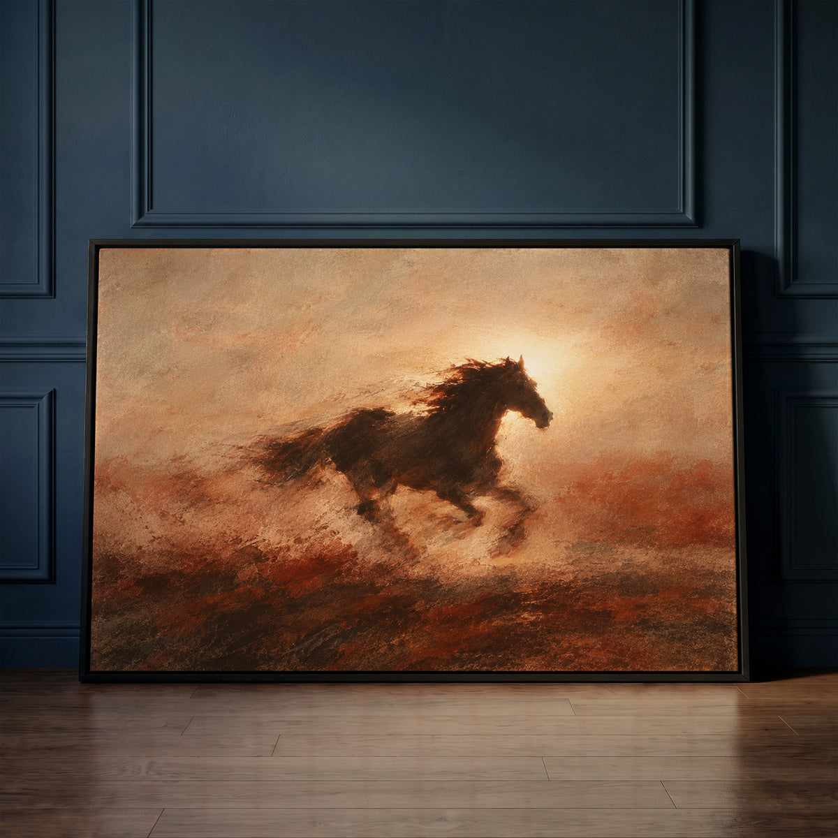 Equestrian canvas wall art showing dark galloping horse in silhouette against a burning sun with dust behind it