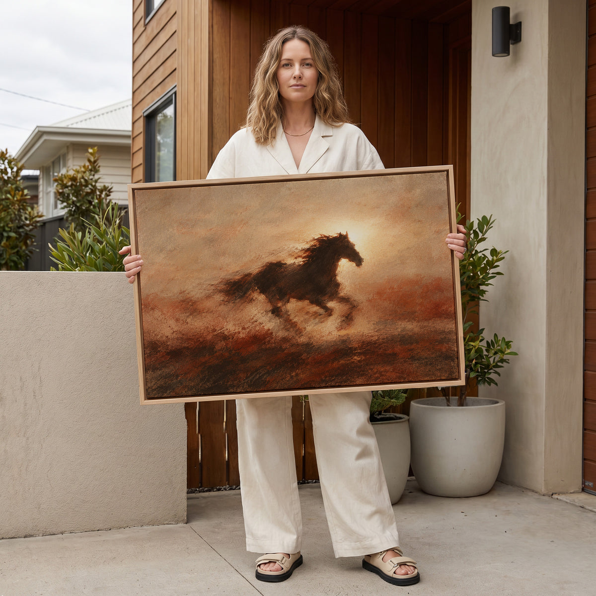 Horse canvas wall art showing dark galloping horse in silhouette against a burning sun with dust behind it
