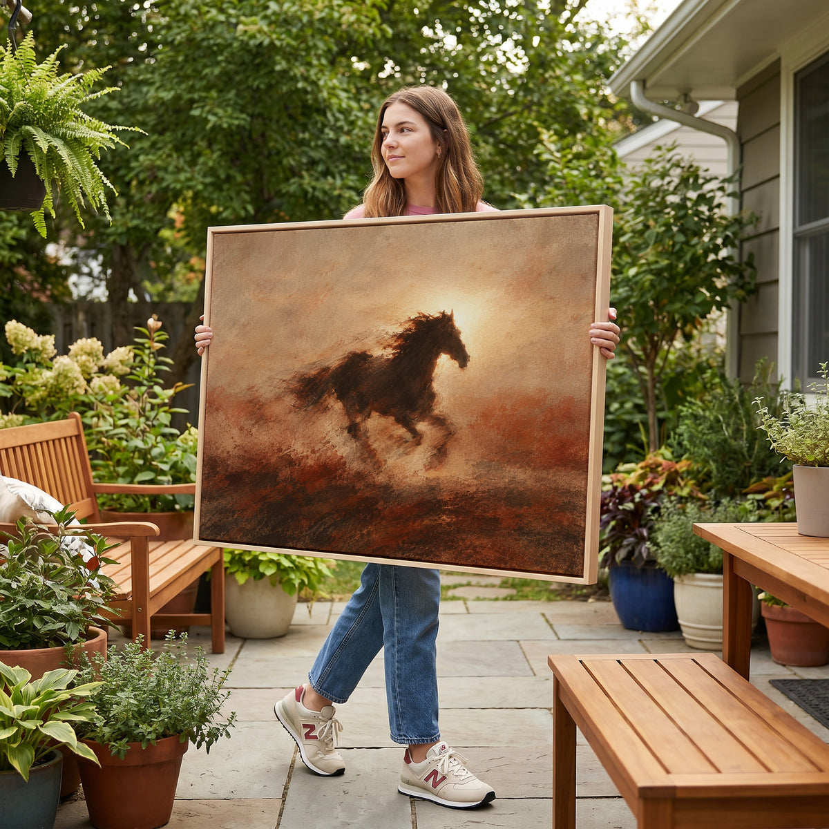 Horses canvas wall art showing dark galloping horse in silhouette against a burning sun with dust behind it