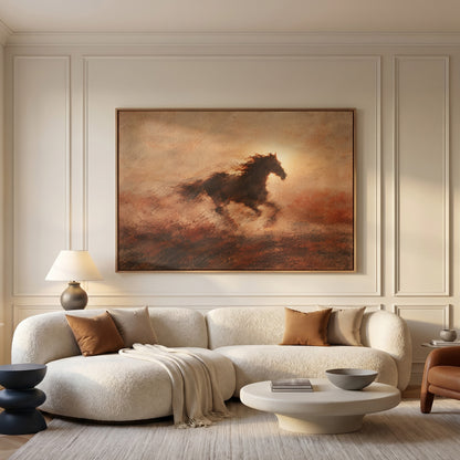 Dark galloping horse in silhouette against a burning sun with dust behind it, galloping horse horizontal canvas print