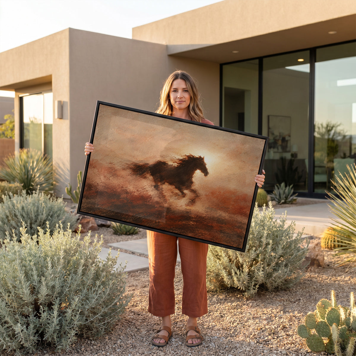 Rust canvas wall art showing dark galloping horse in silhouette against a burning sun with dust behind it