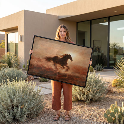 Rust canvas wall art showing dark galloping horse in silhouette against a burning sun with dust behind it