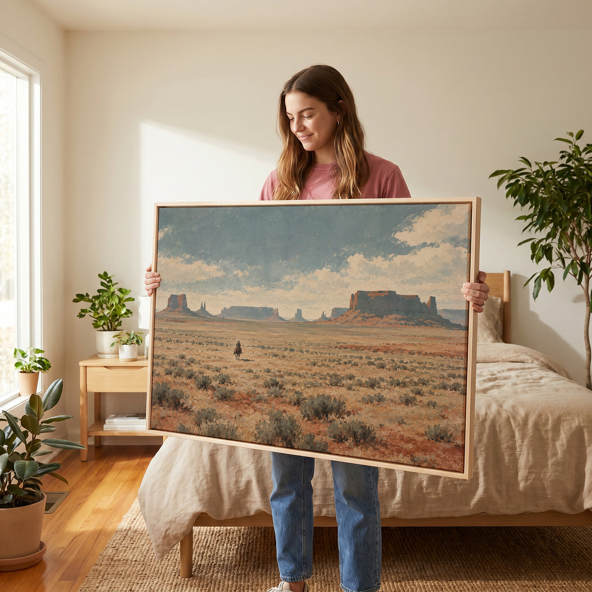 Cowboy canvas canvas wall art showing lone cowboy riding across a sagebrush plain below red desert mesas and buttes