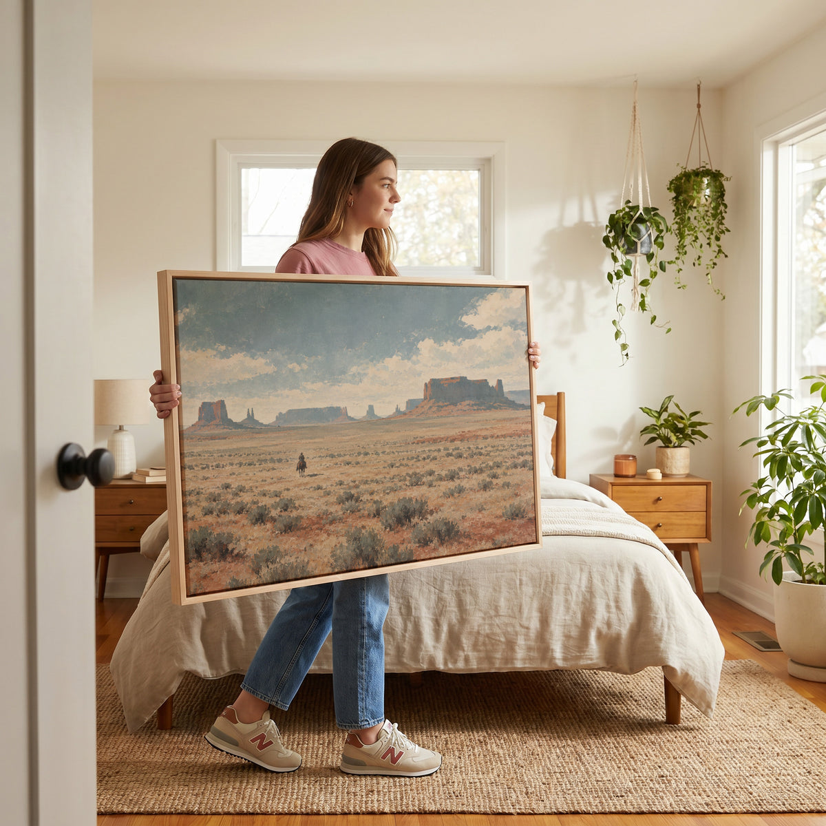 Arizona canvas wall art showing lone cowboy riding across a sagebrush plain below red desert mesas and buttes
