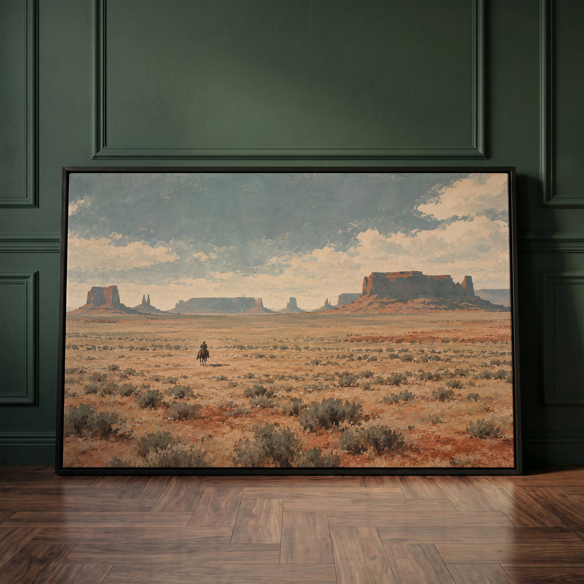 Lone cowboy riding across a sagebrush plain below red desert mesas and buttes, canvas art print