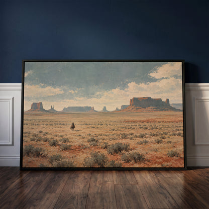 Lone cowboy riding across a sagebrush plain below red desert mesas and buttes, western canvas print