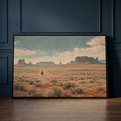 Western canvas wall art showing lone cowboy riding across a sagebrush plain below red desert mesas and buttes