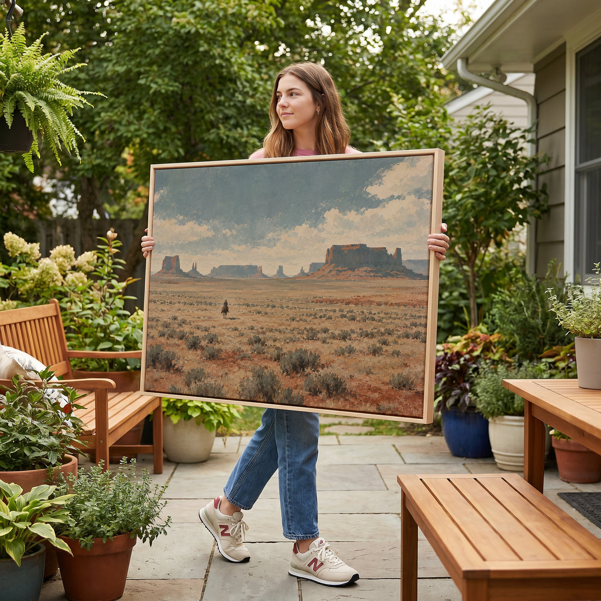 Utah canvas wall art showing lone cowboy riding across a sagebrush plain below red desert mesas and buttes