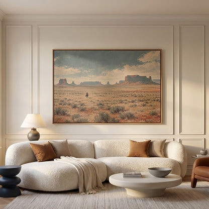 Lone cowboy riding across a sagebrush plain below red desert mesas and buttes, canvas print