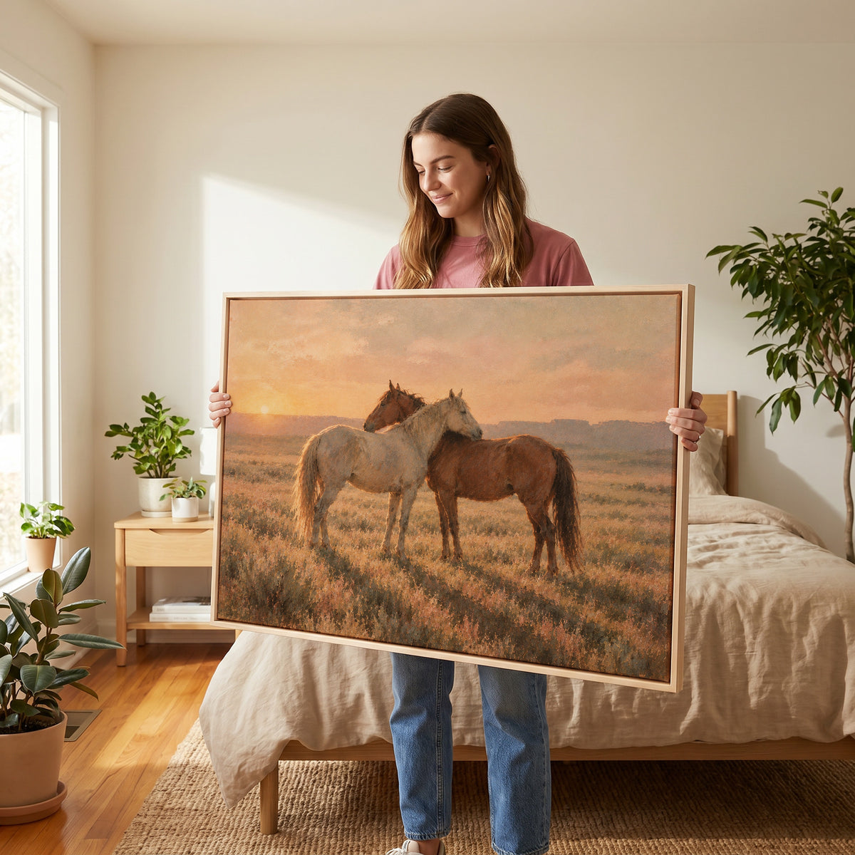 Horses canvas wall art showing grey and chestnut horse standing close together in golden light on open range