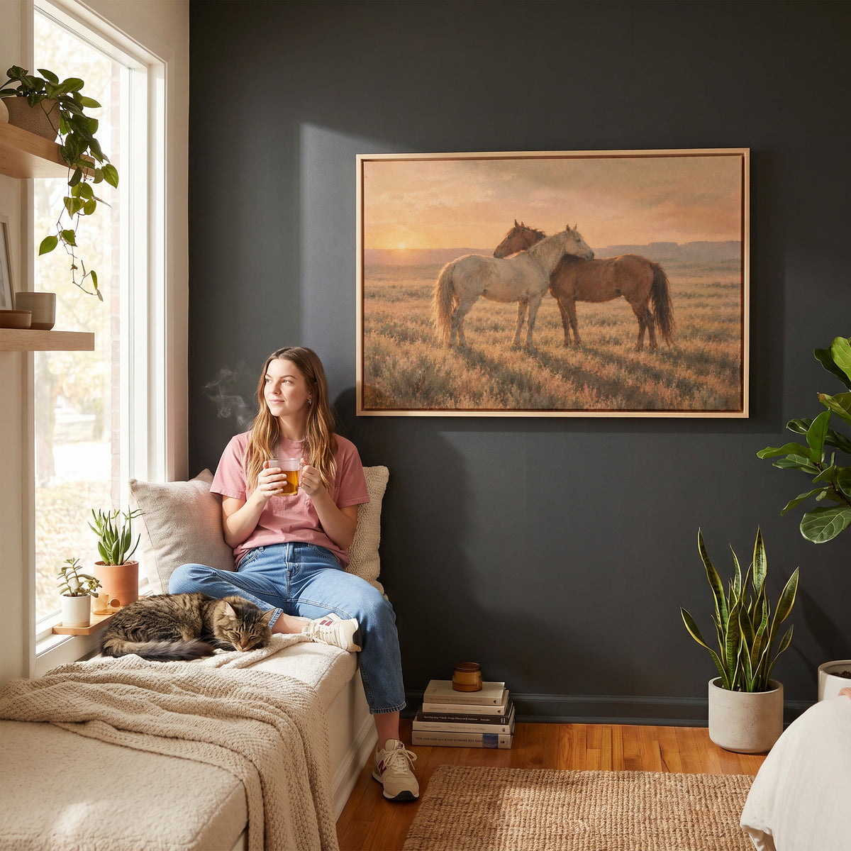 Horse canvas wall art showing grey and chestnut horse standing close together in golden light on open range