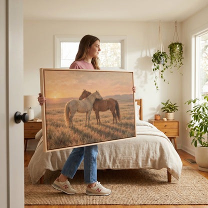 Equestrian canvas wall art showing grey and chestnut horse standing close together in golden light on open range