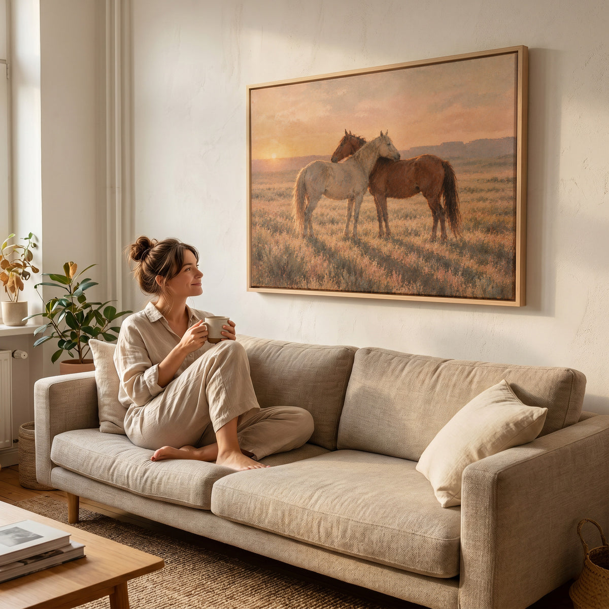 Golden hour canvas wall art showing grey and chestnut horse standing close together in golden light on open range