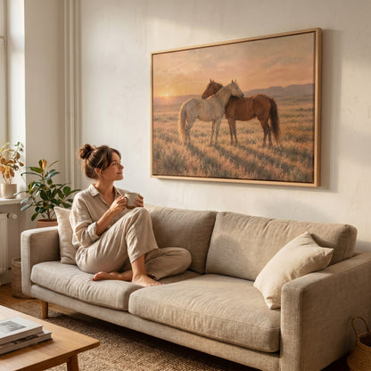 Golden hour canvas wall art showing grey and chestnut horse standing close together in golden light on open range